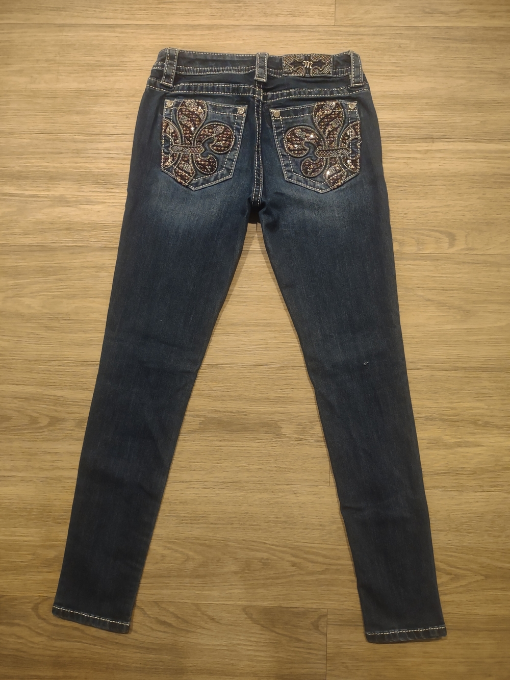 Miss Me Dark Blue Skinny Jeans with Embellished Fleur Pockets